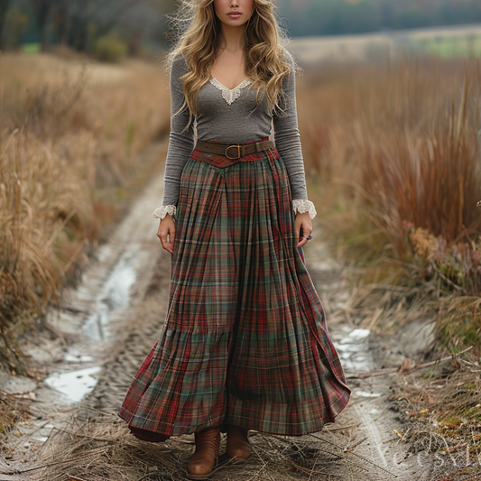 Women's Retro Plaid V-neck Long-sleeve Long Skirt Pastoral Style Maxi Long Dress
