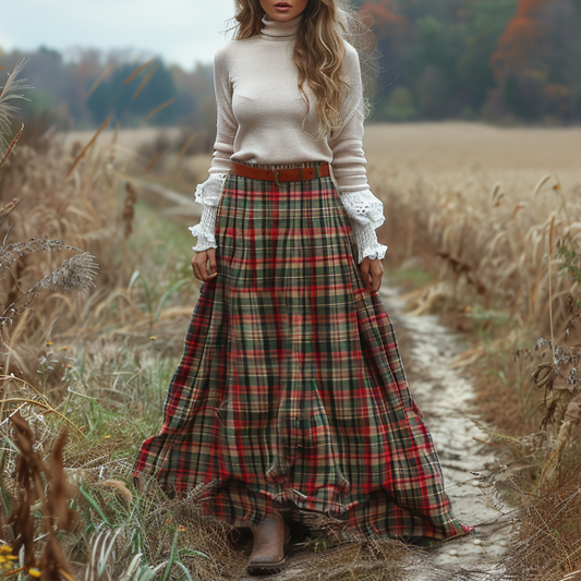 Women's Retro High Neck Long-sleeve Long Skirt Plaid Pastoral Style Maxi Long Dress