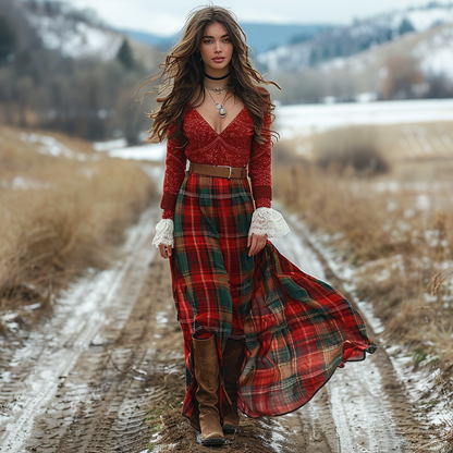 Women's Retro Plaid V-neck Long-sleeve Long Skirt Pastoral Style Maxi Long Dress
