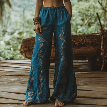 Bohemian Holiday Style Linen Bohemian Ethnic Totem Print Linen Long Loose Wide-leg Pants 9d18