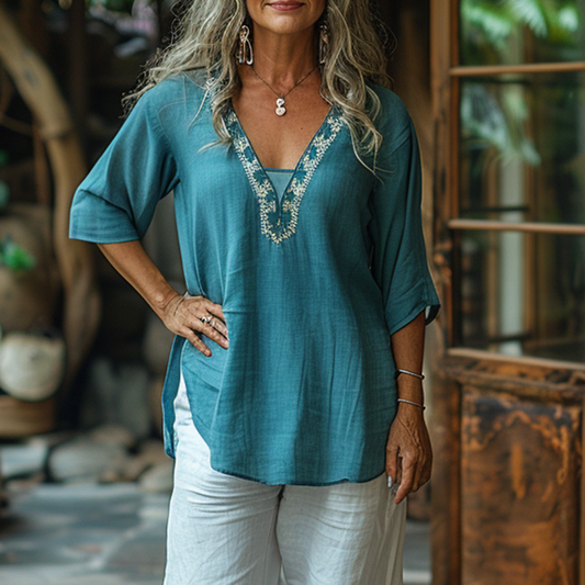 Retro Loose Bohemia Ethnic Style Linen V-neck Short-sleeved Top