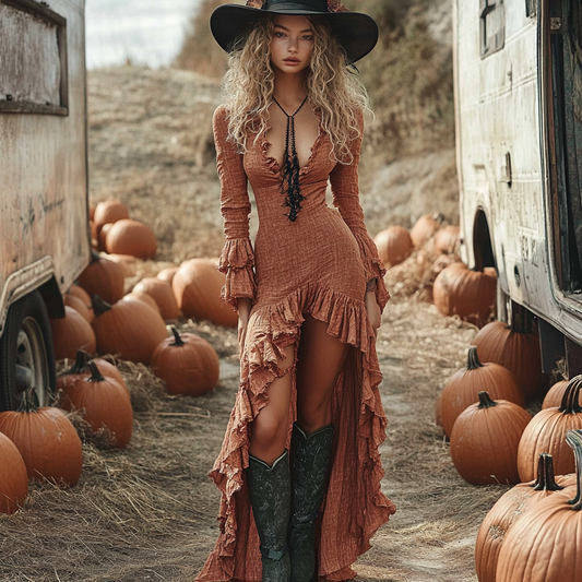 Women's Retro Halloween Linen Solid Color Style Long-sleeve Maxi Long Dress