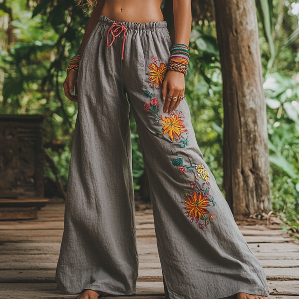 Bohemian Holiday Style Retro Linen Bohemian Leaf Ethnic Totem Print Linen Long Loose Wide-leg Pants 8f1f