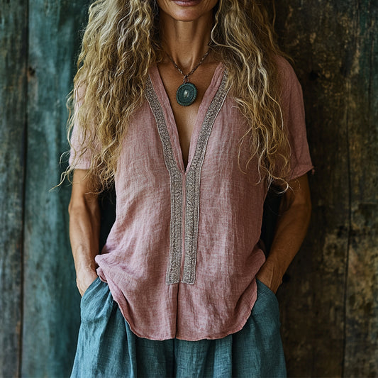 Women's Casual Bohemia Linen Style Short-sleeved Top Shirt