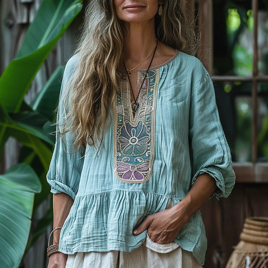 Women's Bohemian Flower Printed Breathable Long-sleeve Top Shirt
