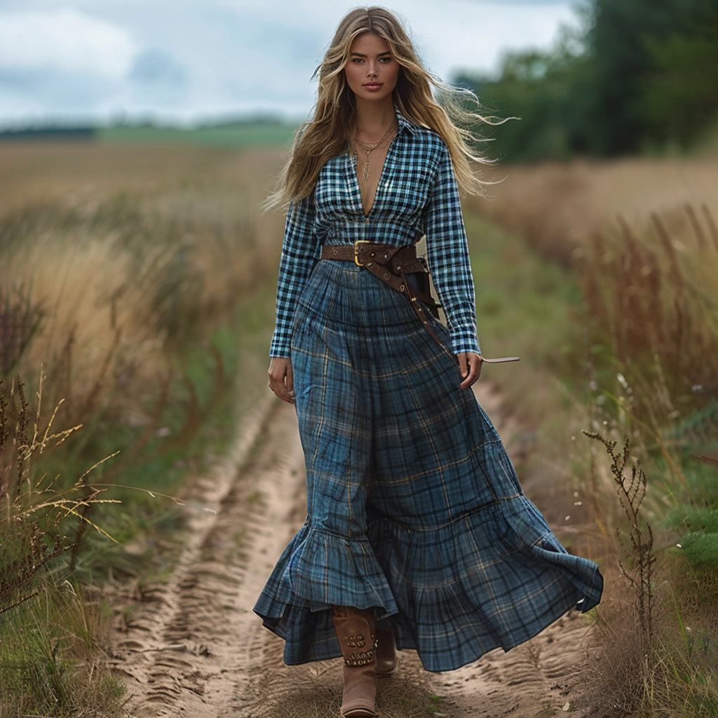 Women's Vintage V-neck Bohemian Pastoral Style Long-sleeve Maxi Long Dress