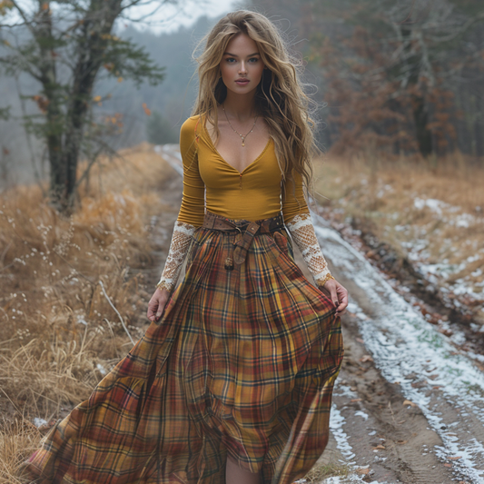 Women's Retro Plaid V-neck Long-sleeve Long Skirt Pastoral Style Maxi Long Dress