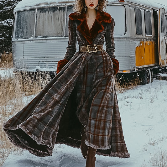 Western Classic Autumn And Winter Velvet Warm Plush Retro Long Sleeve Temperament Dress