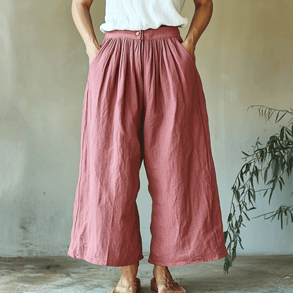 Women's Solid Linen Cropped Wide-leg Trouser Pants