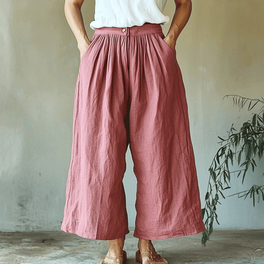Women's Solid Linen Cropped Wide-leg Trouser Pants