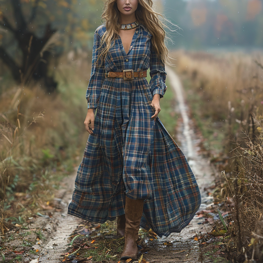Women's Retro V-neck Plaid Long-sleeve Bohemian Pastoral Style Maxi Long Dress