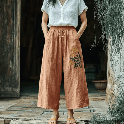 Women's Linen Bohemian Ethnic Floral Cropped Trouser Pants