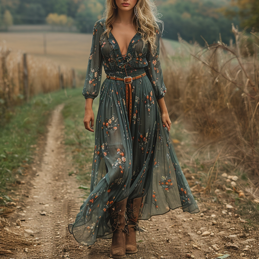 Women's Vintage Country Pastoral Linen Style Long-sleeve Maxi Long Dress
