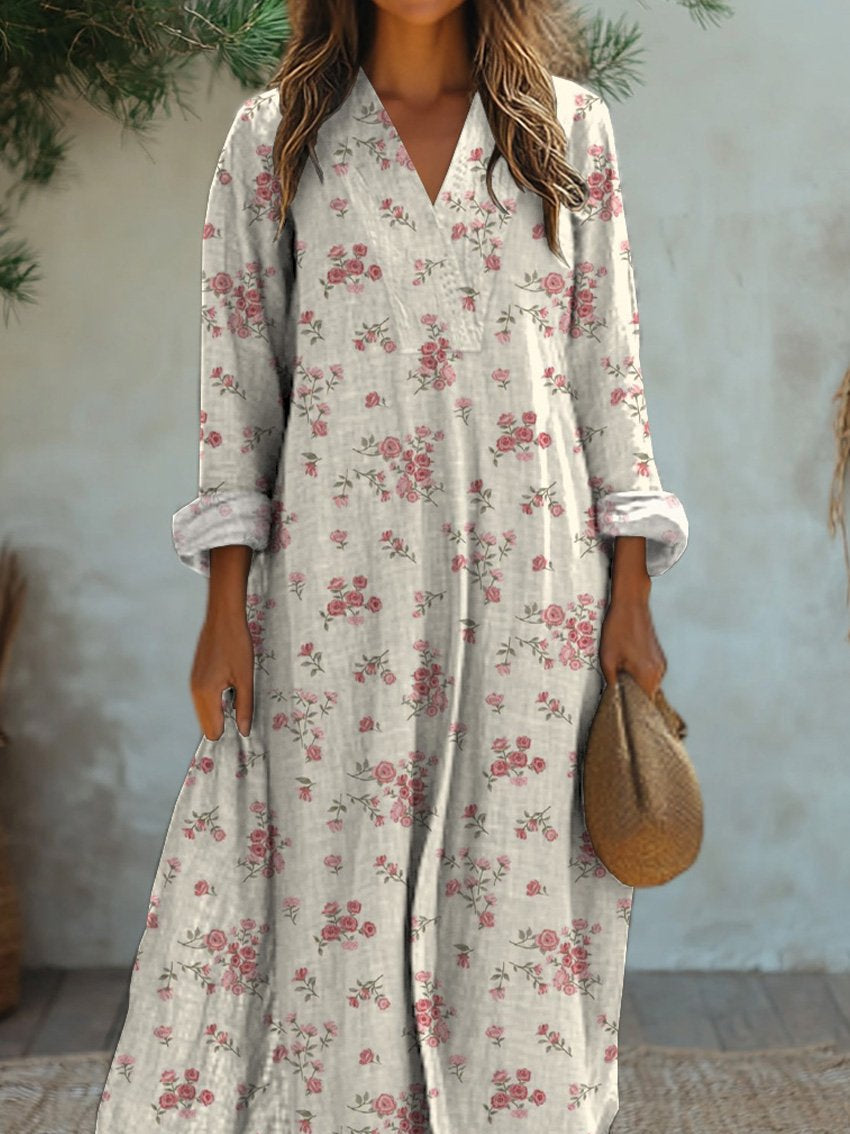 Vintage Small Pink Rose Pattern Printed Women's Dress
