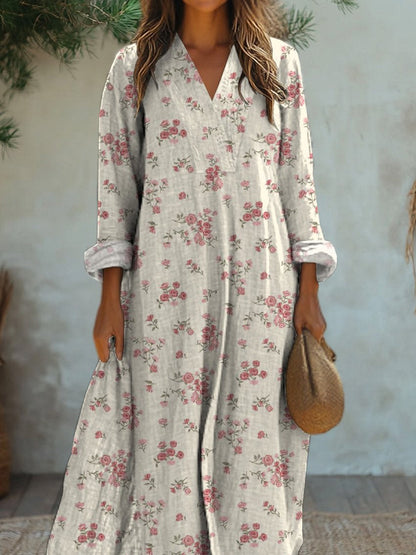 Vintage Small Pink Rose Pattern Printed Women's Dress
