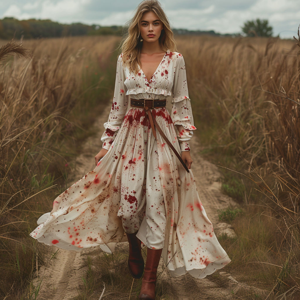 Women's Retro V-neck Linen Pastoral Halloween Style Long-sleeve Maxi Long Dress