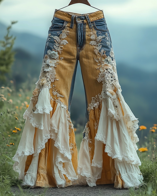 Summer ruffled denim cotton and linen patchwork contrast color pants 3d3a