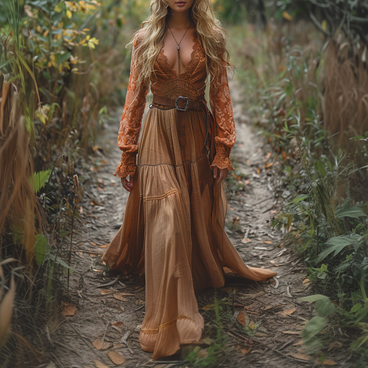Women's Retro Country Pastoral Linen Style Long-sleeve Casual Maxi Long Dress