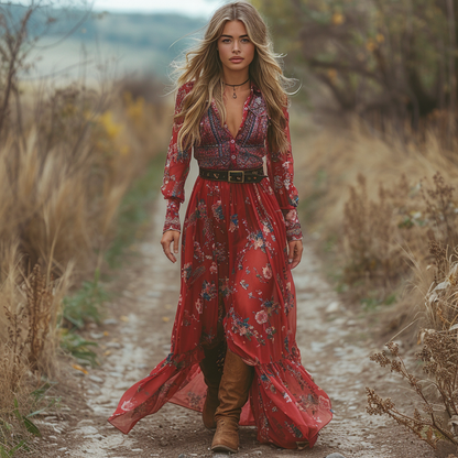 Women's Vintage V-neck Floral Bohemian Pastoral Style Long-sleeved Maxi Long Dress