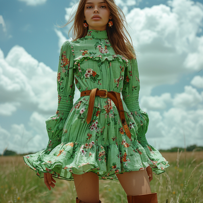 Women's Retro Floral Bohemian Pastoral Style Long-sleeved Mini Short Dress