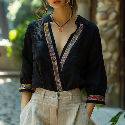 Women's Bohemia Style Casual Linen Shirt Top