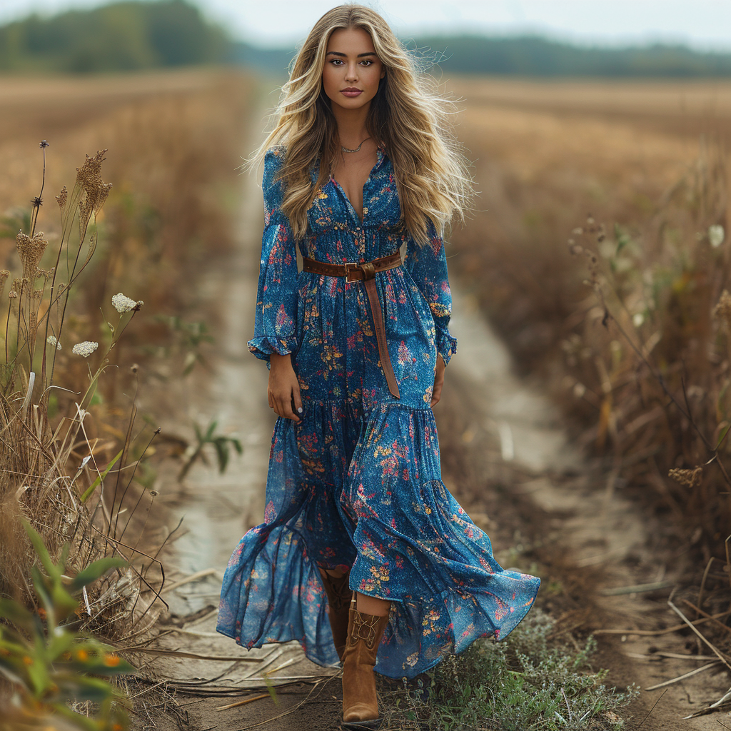Women's Retro V-neck Floral Long-sleeve Bohemian Pastoral Style Maxi Long Dress
