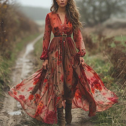 Women's Retro V-neck Floral Long-sleeve Bohemian Pastoral Style Maxi Long Dress