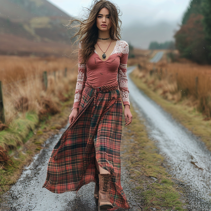 Women's Retro Plaid V-neck Long-sleeve Long Skirt Pastoral Style Maxi Long Dress