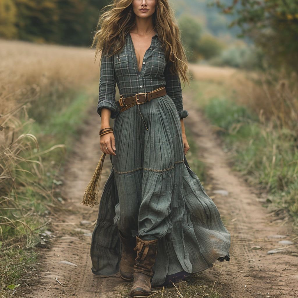 Women's Vintage V-neck Bohemian Pastoral Style Long-sleeve Maxi Long Dress