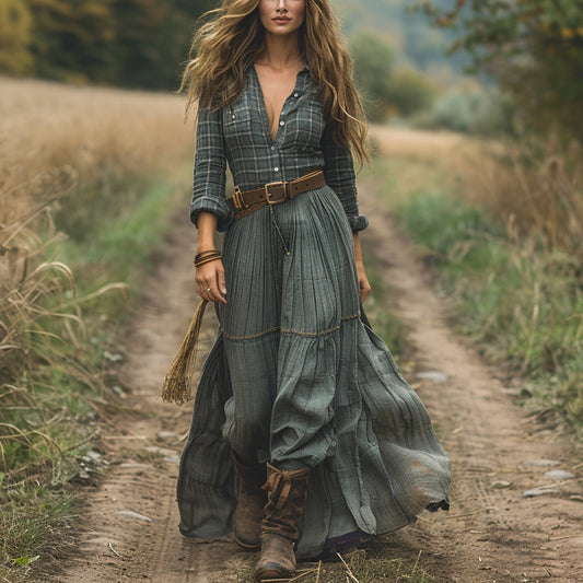 Women's Vintage V-neck Bohemian Pastoral Style Long-sleeve Maxi Long Dress