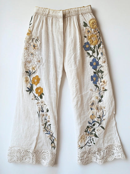 Hamivibe Floral Embroidery Lace Trimmed Women's Linen Pants 329b
