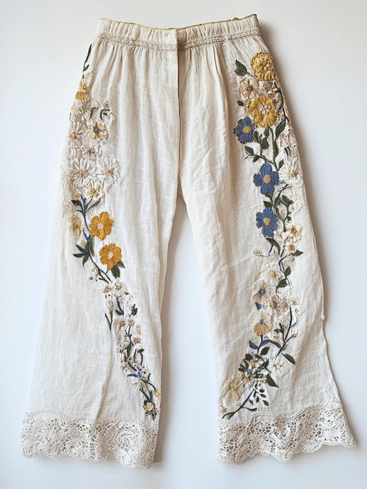 Hamivibe Floral Embroidery Lace Trimmed Women's Linen Pants 329b