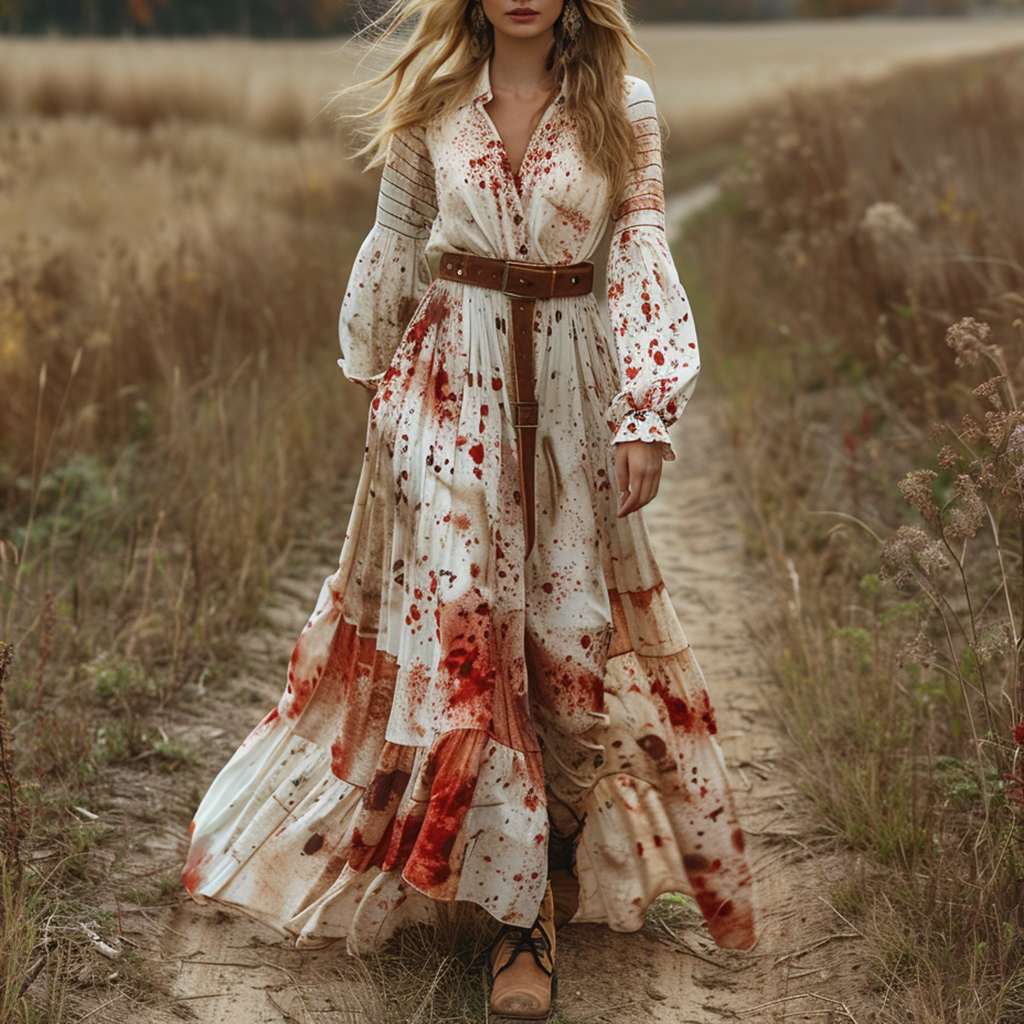 Women's Retro V-neck Pastoral Halloween Party Style Long-sleeve Maxi Long Dress