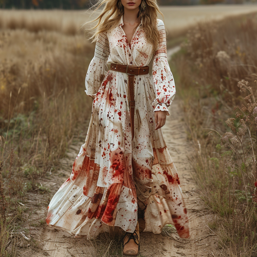 Women's Retro V-neck Pastoral Halloween Party Style Long-sleeve Maxi Long Dress