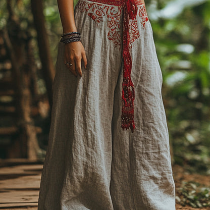 Bohemian Holiday Style Retro Linen Floral Ethnic Totem Print Casual Pants