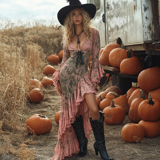 Women's Halloween Witch Style Tie-dye Long-sleeve Midi Long Dress
