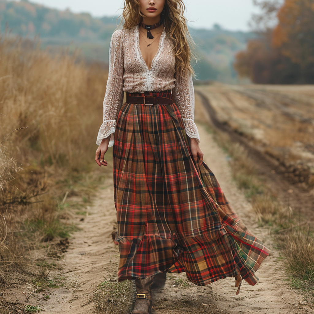 Women's Retro Plaid V-neck Long-sleeve Long Skirt Pastoral Style Maxi Long Dress