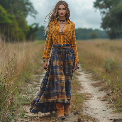 Women's Vintage V-neck Bohemian Pastoral Style Long-sleeve Maxi Long Dress