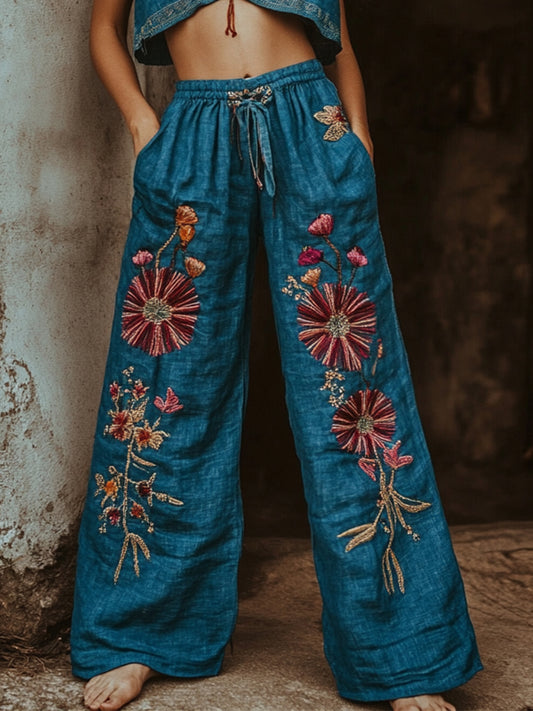Women's Retro Linen Boho Ethnic Flowers Art Long Loose Wide-leg Trouser Pants ab75