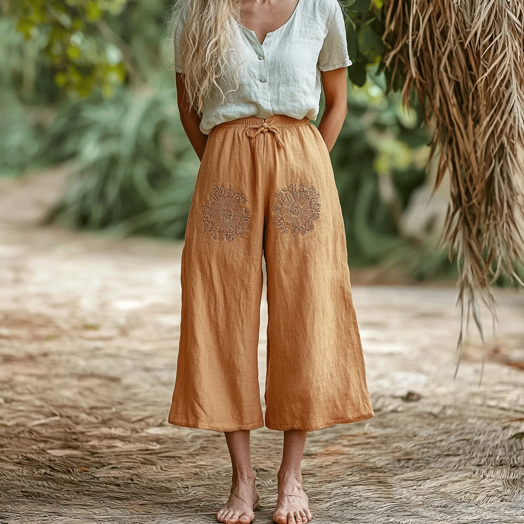 Women's Linen Ethnic Bohemian Floral Wide-leg Cropped Trouser Pants