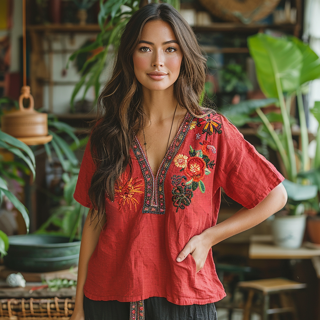Retro Loose Bohemia Ethnic Style Linen V-neck Short-sleeved Top