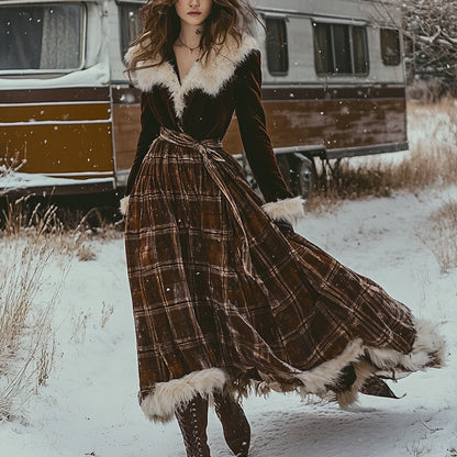 Western Classic Autumn And Winter Velvet Warm Plush Retro Long Sleeve Temperament Dress