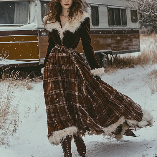 Western Classic Autumn And Winter Velvet Warm Plush Retro Long Sleeve Temperament Dress