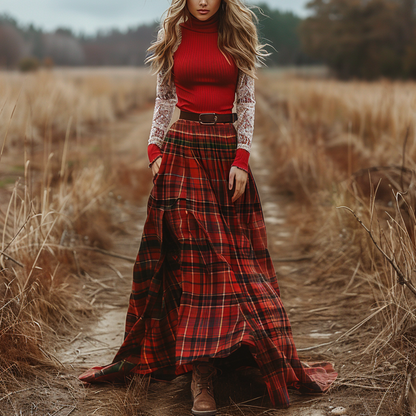 Women's Retro High Neck Long-sleeve Long Skirt Plaid Pastoral Style Maxi Long Dress