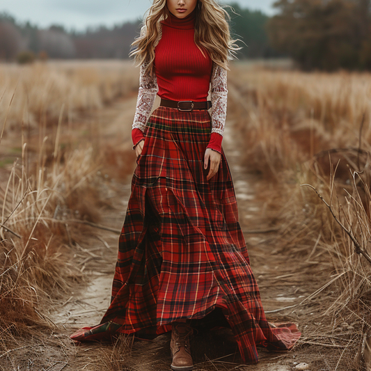 Women's Retro High Neck Long-sleeve Long Skirt Plaid Pastoral Style Maxi Long Dress