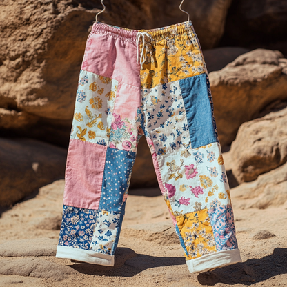 Women's Retro Geometric Floral Art Cotton And Linen Casual Pants 8ac3