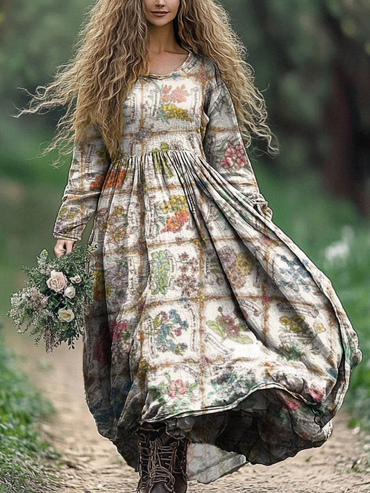 Women's Floral Plaid Patchwork Pattern Art Print Pocket Cotton Dress