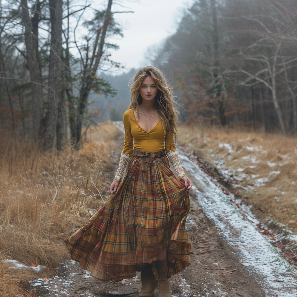 Women's Retro Plaid V-neck Long-sleeve Long Skirt Pastoral Style Maxi Long Dress