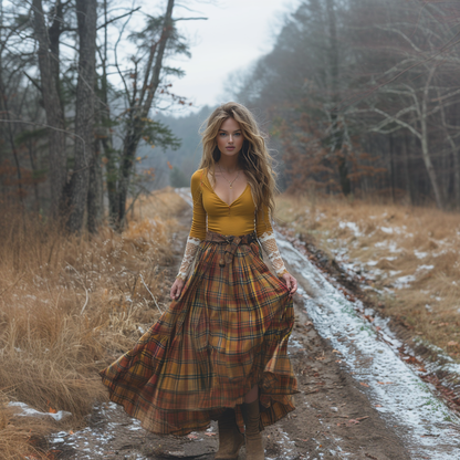 Women's Retro Plaid V-neck Long-sleeve Long Skirt Pastoral Style Maxi Long Dress
