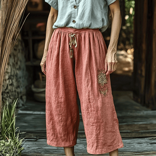 Women's Linen Bohemian Style Floral Wide-leg Trousers Pants